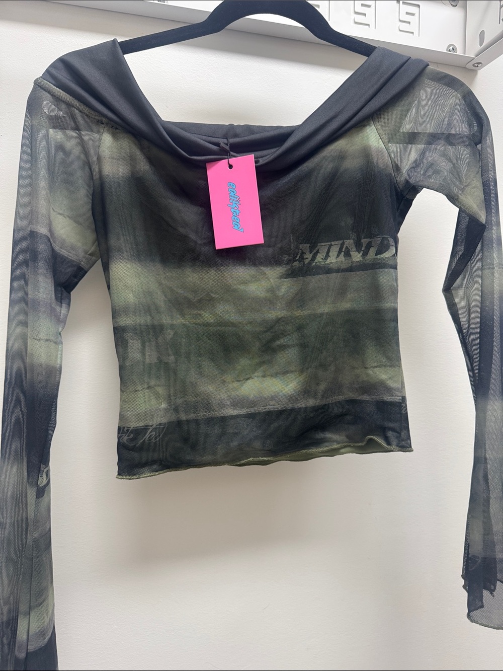 EDIKTED Sheer Olive Green/black Off-Shoulder Long Sleeve Top -SMALL